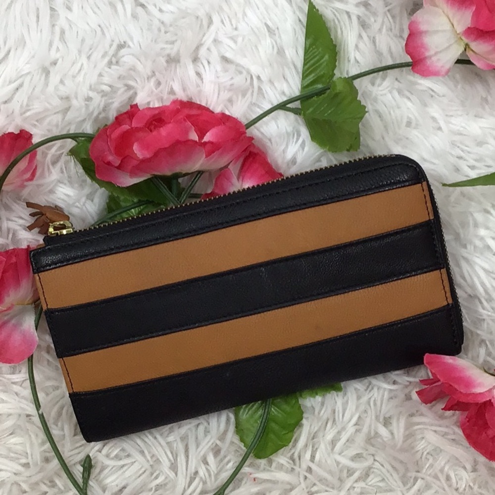 Pour La Victoire Black and Tan striped leather wallet